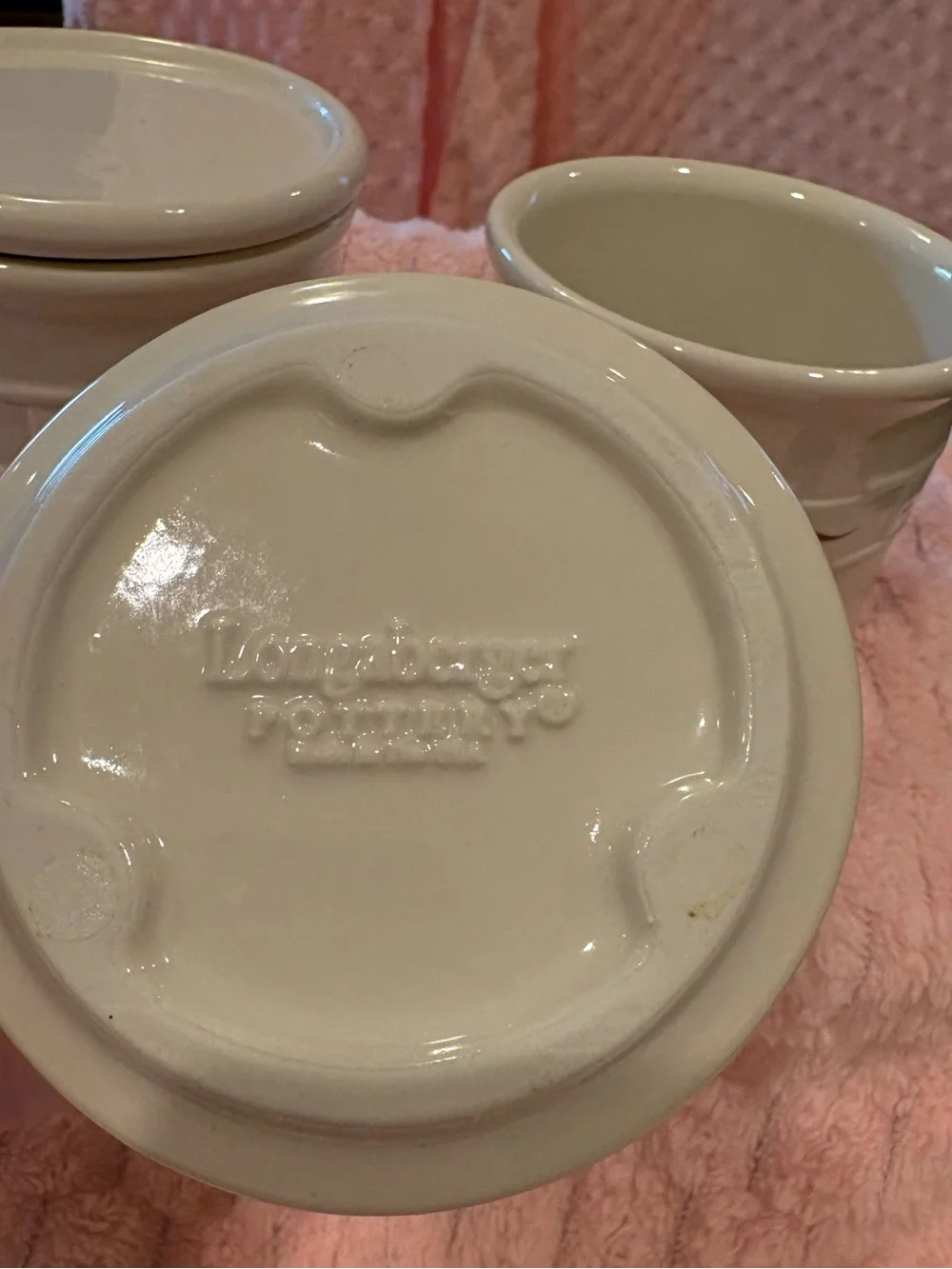2 Longaberger Woven Traditions 1 pint crocks with coaster lids. Traditional Red